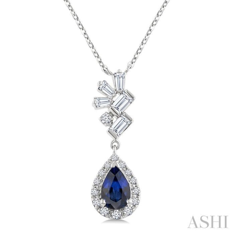 6X4MM Pear Cut  Sapphire, Round and 1/4 Ctw  Baguette Cut Scatter Diamond Precious Fashion Pendant With Chain in 10K White Gold
