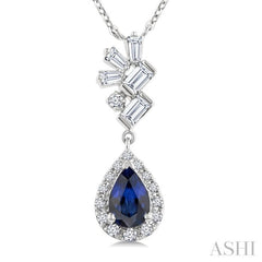 6X4MM Pear Cut  Sapphire, Round and 1/4 Ctw  Baguette Cut Scatter Diamond Precious Fashion Pendant With Chain in 10K White Gold