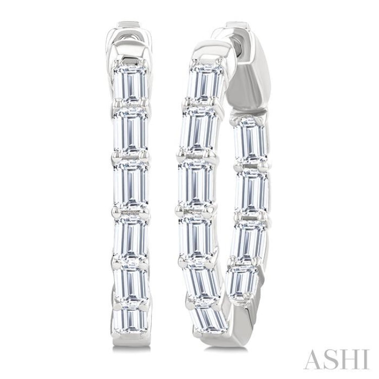 2 Ctw Emerald Cut Diamond Inside Out Fashion Hoop Earring in 14K White Gold