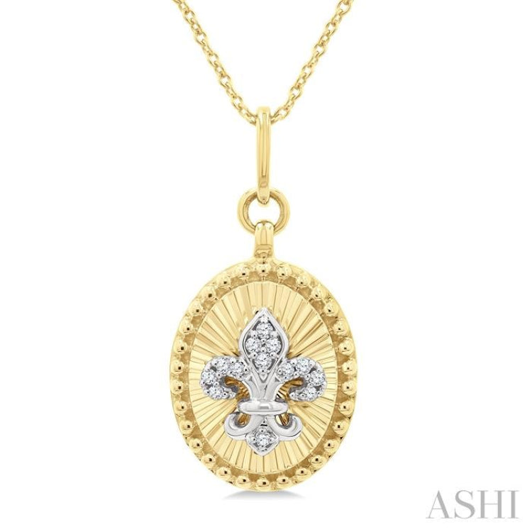 1/20 Ctw Fleur De Lis Motif Fluted Medallion Round Cut Diamond Fashion Pendant With Chain in 10K Yellow and White Gold