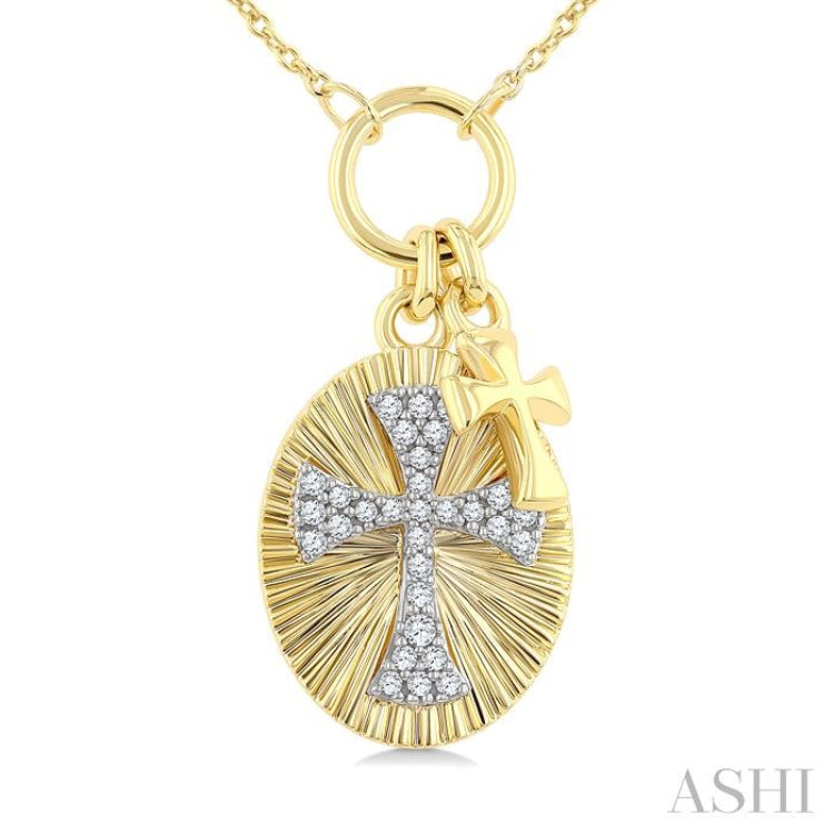 1/6 Ctw Fluted Oval-Shaped Medallion Byzantine Cross Charm Round Cut Diamond Fashion Pendant With Chain in 10K Yellow and White Gold