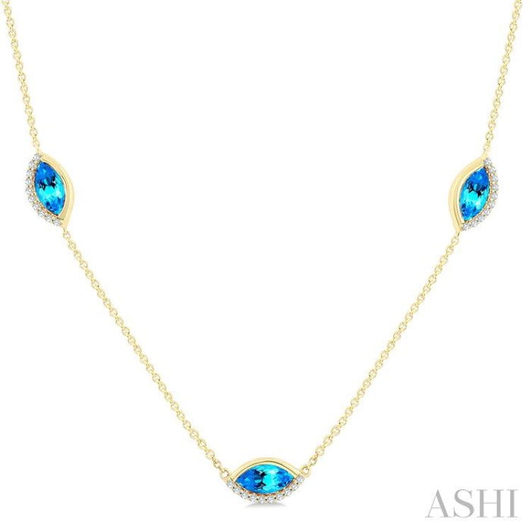1/4 Ctw 8X4MM Marquise Cut Blue Topaz and Round Cut Diamond Station Necklace in 10K Yellow Gold