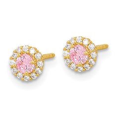 14k Madi K Polished 3mm Round Pink and Clear CZ Halo Screwback Post Earrings