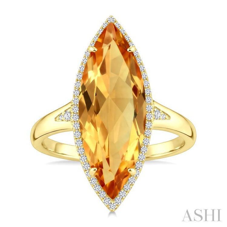 22X8 MM Evoque Gemstone Marquise Shape Citrine and 1/5 Ctw Round Cut Diamond Semi-Precious Ring in 14K Yellow Gold
