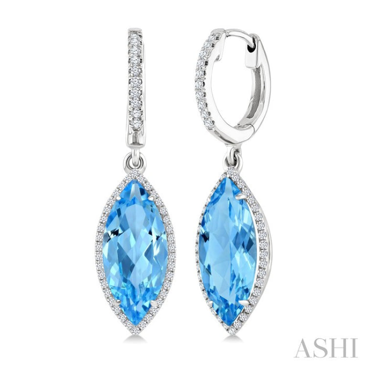 16X7 MM Marquise Shape Blue Topaz and 3/8 Ctw Round Cut Diamond Semi-Precious Earrings in 14K White Gold
