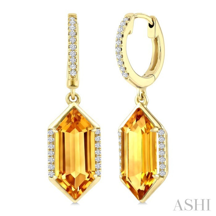 14X6 MM Evoque Gemstones Hexagon Shape Citrine and 1/5 Ctw Round Cut Diamond Semi-Precious Earrings in 14K Yellow Gold