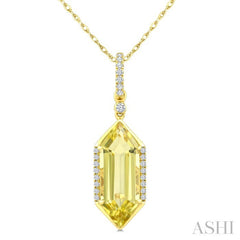 16X6 MM Evoque Gemstones Hexagon Shape Lemon Quartz and 1/10 Ctw Round Cut Diamond Semi-Precious Pendant With Chain in 10K Yellow Gold