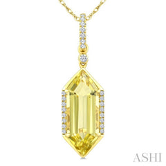 16X6 MM Evoque Gemstones Hexagon Shape Lemon Quartz and 1/10 Ctw Round Cut Diamond Semi-Precious Pendant With Chain in 10K Yellow Gold