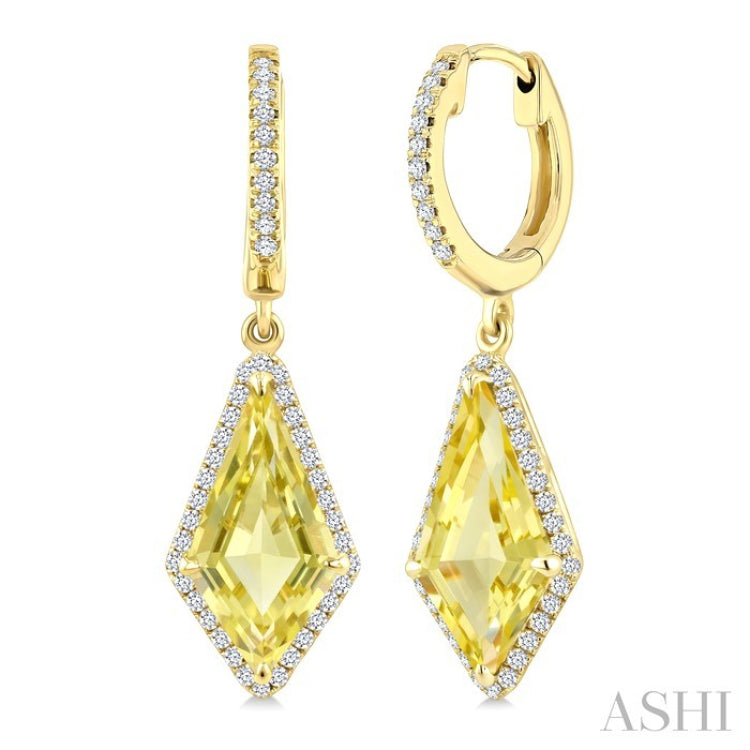 14X7 MM Kite Shape Lemon Quartz and 1/3 Ctw Round Cut Diamond Semi-Precious Earrings in 14K Yellow Gold