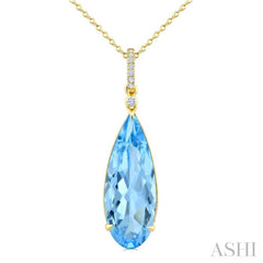 22X8 MM Evoque Gemstones Pear Shape Blue Topaz and 1/20 Ctw Round Cut Diamond Semi-Precious Pendant With Chain in 14K Yellow Gold