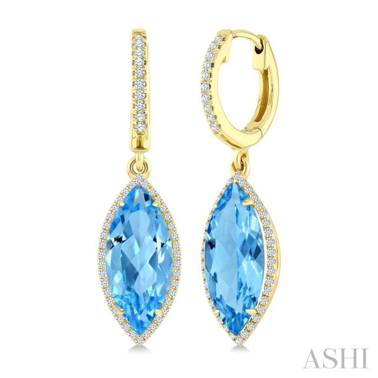 16X7 MM Marquise Shape Blue Topaz and 3/8 Ctw Round Cut Diamond Semi-Precious Earrings in 14K Yellow Gold