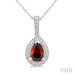 7X5 MM Pear Shape Garnet and 1/50 Ctw Round Cut Diamond Semi-Precious Pendant With Chain in Sterling Silver