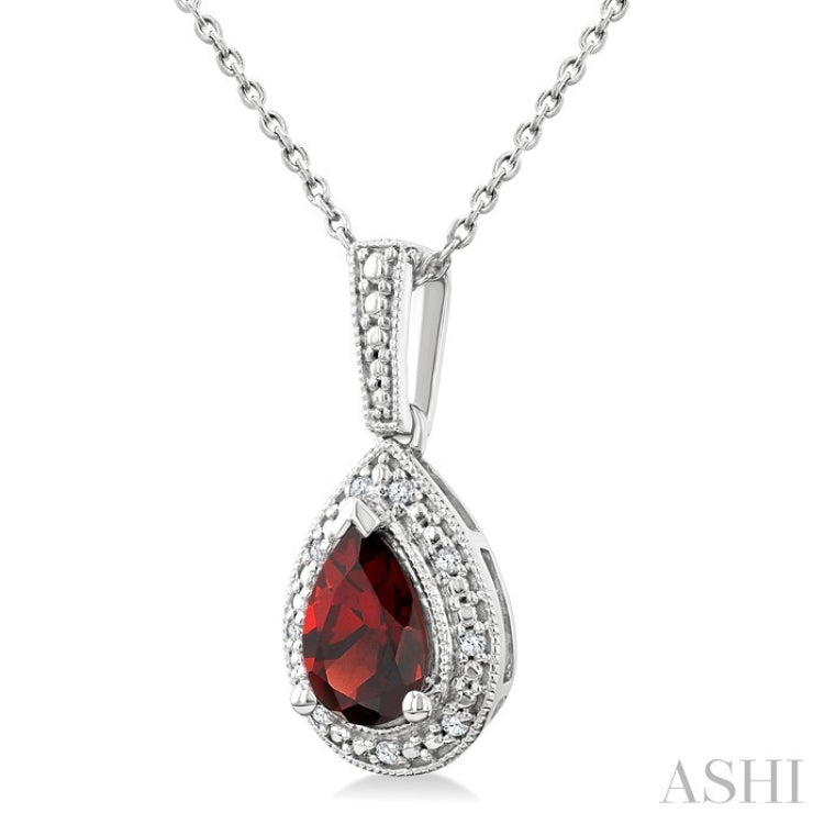 7X5 MM Pear Shape Garnet and 1/50 Ctw Round Cut Diamond Semi-Precious Pendant With Chain in Sterling Silver