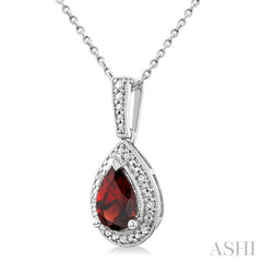 7X5 MM Pear Shape Garnet and 1/50 Ctw Round Cut Diamond Semi-Precious Pendant With Chain in Sterling Silver