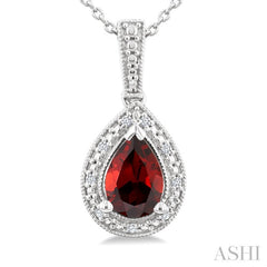 7X5 MM Pear Shape Garnet and 1/50 Ctw Round Cut Diamond Semi-Precious Pendant With Chain in Sterling Silver