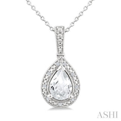 6X4 MM Pear Shape White Topaz and 1/50 Ctw Round Cut Diamond Semi-Precious Pendant With Chain in Sterling Silver