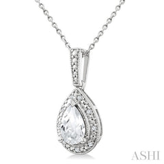 6X4 MM Pear Shape White Topaz and 1/50 Ctw Round Cut Diamond Semi-Precious Pendant With Chain in Sterling Silver