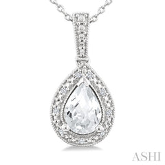 6X4 MM Pear Shape White Topaz and 1/50 Ctw Round Cut Diamond Semi-Precious Pendant With Chain in Sterling Silver