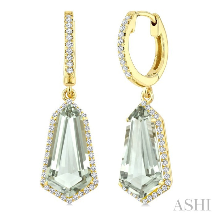 14X7 MM Shield Shape Green Amethyst and 3/8 Ctw Round Cut Diamond Semi-Precious Earrings in 14K Yellow Gold