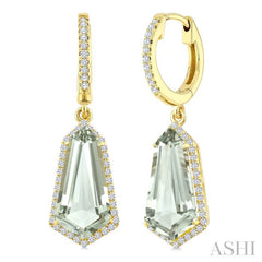 14X7 MM Shield Shape Green Amethyst and 3/8 Ctw Round Cut Diamond Semi-Precious Earrings in 14K Yellow Gold