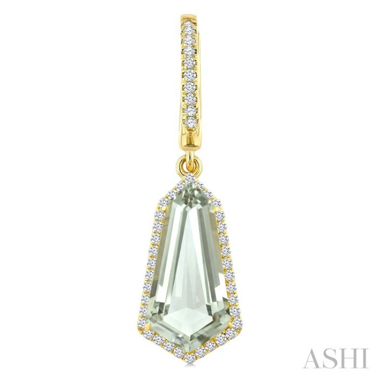 14X7 MM Shield Shape Green Amethyst and 3/8 Ctw Round Cut Diamond Semi-Precious Earrings in 14K Yellow Gold