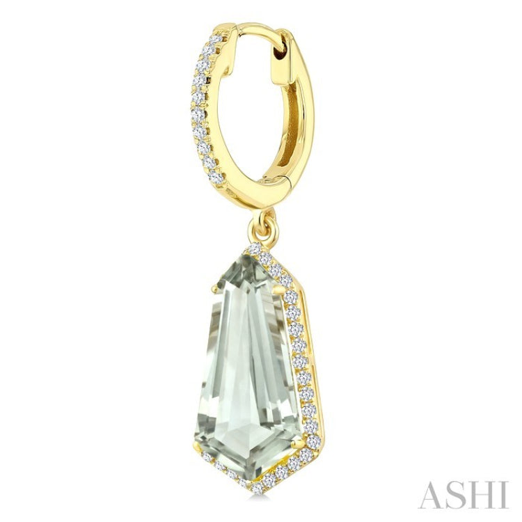 14X7 MM Shield Shape Green Amethyst and 3/8 Ctw Round Cut Diamond Semi-Precious Earrings in 14K Yellow Gold