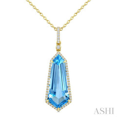 22X9 MM Evoque Gemstones Shield Shape Blue Topaz and 1/4 Ctw Round Cut Diamond Semi-Precious Pendant With Chain in 14K Yellow Gold