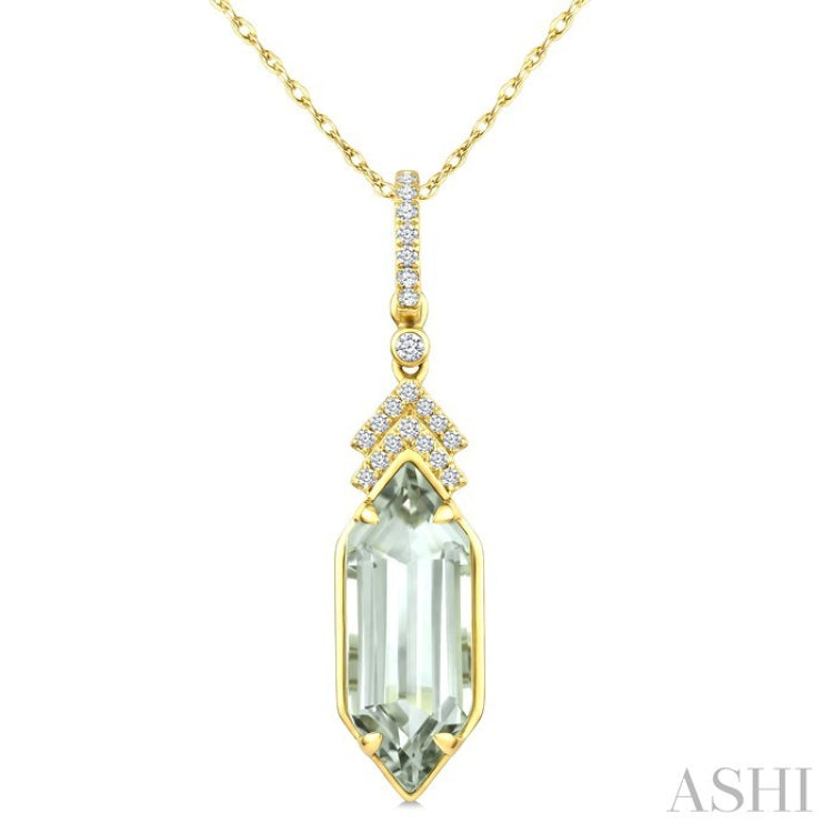 16X6 MM Evoque Gemstone Hexagon Shape Green Amethyst and 1/10 Ctw Round Cut Diamond Semi-Precious Pendant With Chain in 10K Yellow Gold
