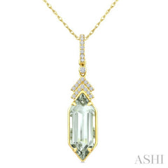 16X6 MM Evoque Gemstone Hexagon Shape Green Amethyst and 1/10 Ctw Round Cut Diamond Semi-Precious Pendant With Chain in 10K Yellow Gold