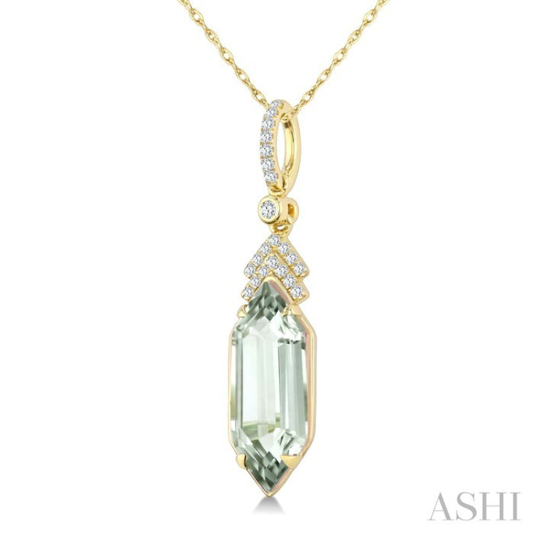 16X6 MM Evoque Gemstone Hexagon Shape Green Amethyst and 1/10 Ctw Round Cut Diamond Semi-Precious Pendant With Chain in 10K Yellow Gold