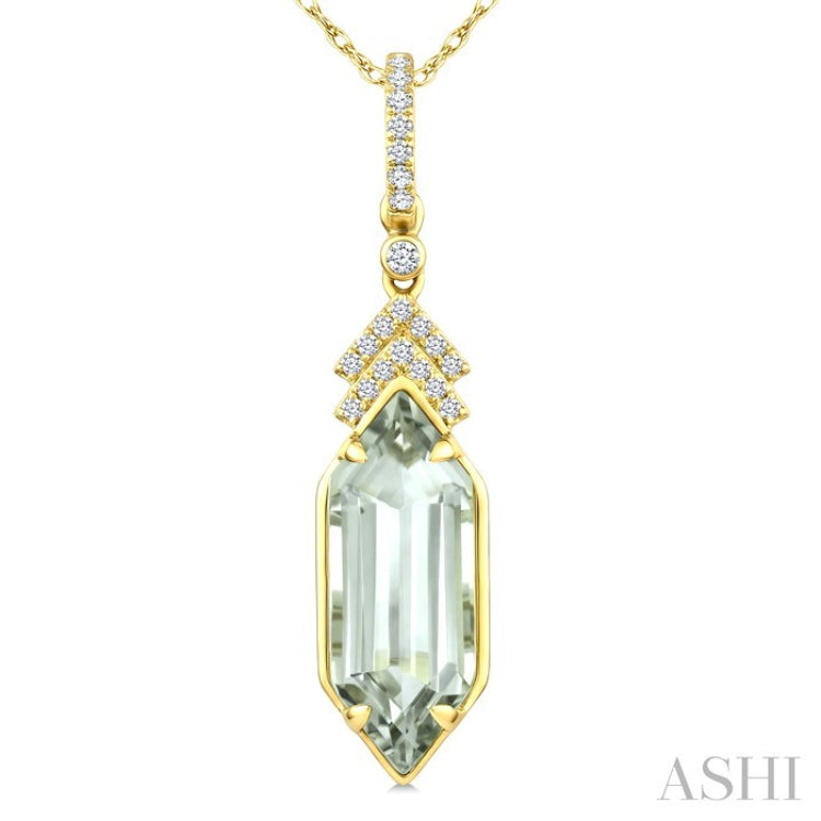 16X6 MM Evoque Gemstone Hexagon Shape Green Amethyst and 1/10 Ctw Round Cut Diamond Semi-Precious Pendant With Chain in 10K Yellow Gold