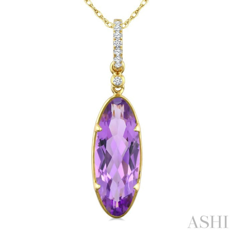 16X6 MM Evoque Gemstones Oval Shape Amethyst and 1/20 Ctw Round Cut Diamond Semi-Precious Pendant With Chain in 10K Yellow Gold
