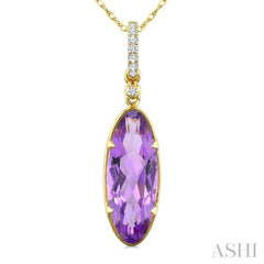 16X6 MM Evoque Gemstones Oval Shape Amethyst and 1/20 Ctw Round Cut Diamond Semi-Precious Pendant With Chain in 10K Yellow Gold
