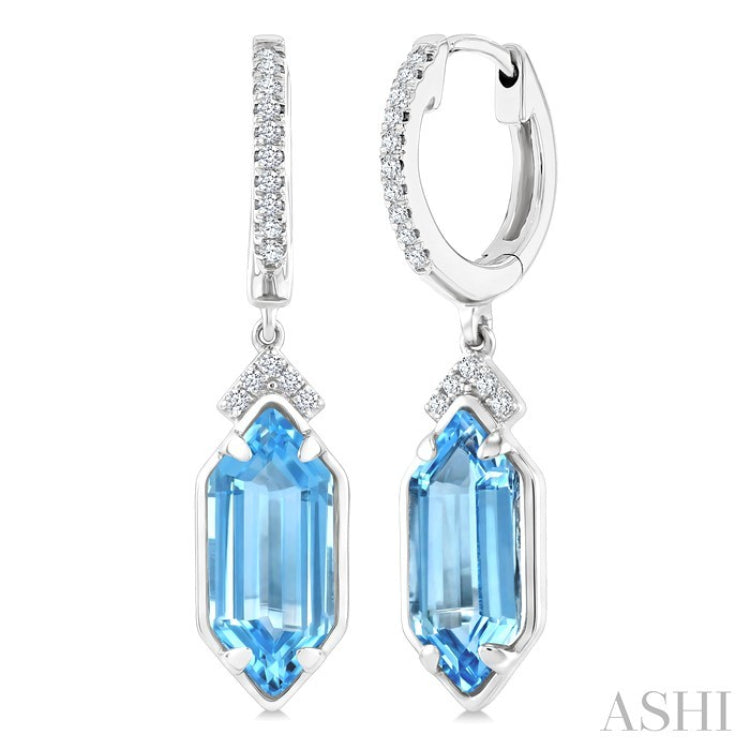 12X5 MM Hexagon Shape Blue Topaz and 1/6 Ctw Round Cut Diamond Semi-Precious Earrings in 10K White Gold