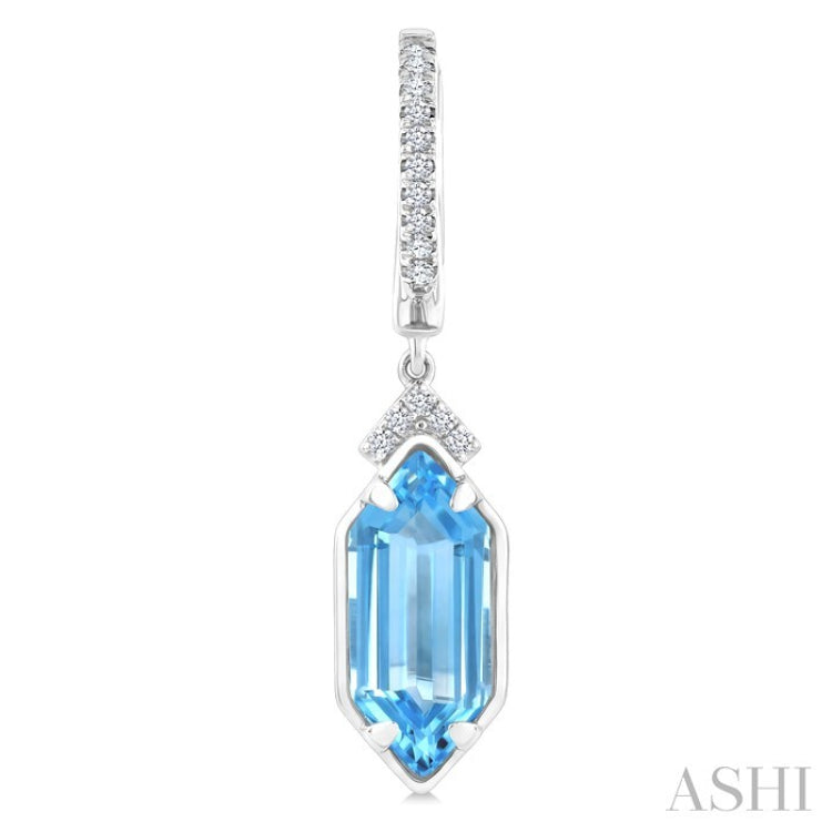 12X5 MM Hexagon Shape Blue Topaz and 1/6 Ctw Round Cut Diamond Semi-Precious Earrings in 10K White Gold