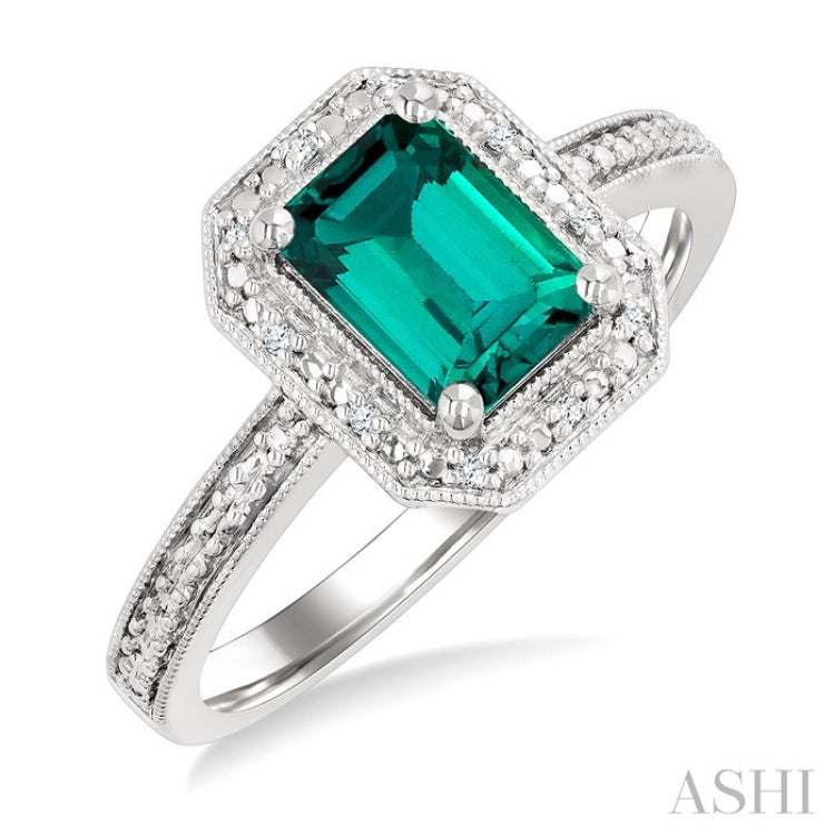 7X5 MM Octagon Shape Lab-Created Emerald and 1/50 Ctw Round Cut Diamond Precious Ring in Sterling Silver