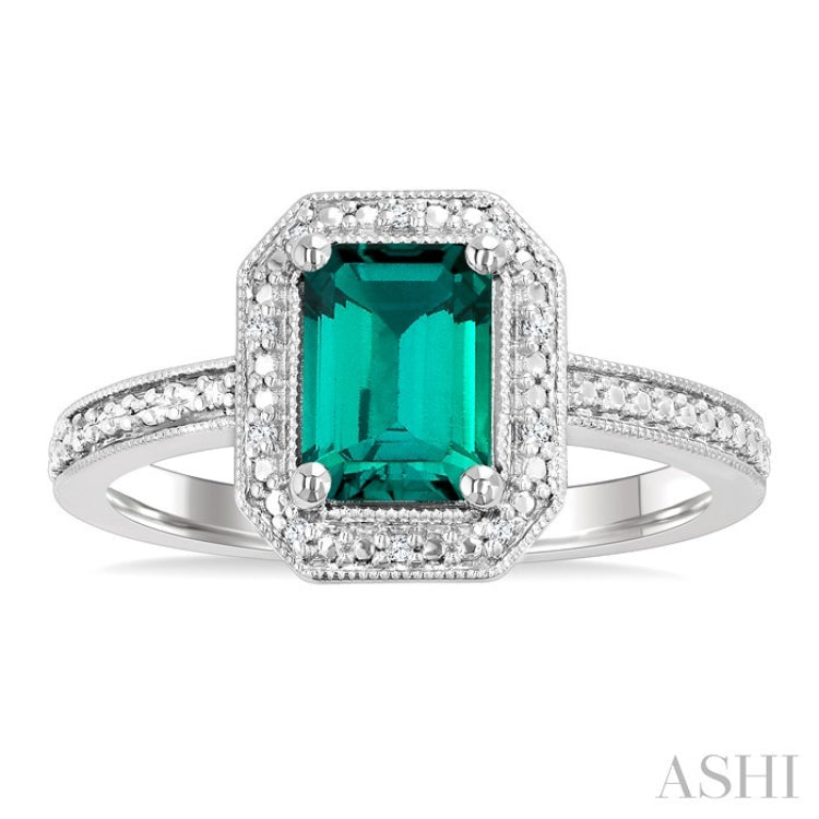 7X5 MM Octagon Shape Lab-Created Emerald and 1/50 Ctw Round Cut Diamond Precious Ring in Sterling Silver