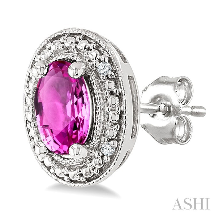 6X4 MM Oval Shape Lab-Created Pink Sapphire and 1/50 Ctw Round Cut Diamond Precious Earrings in Sterling Silver