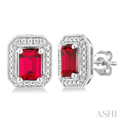 6X4 MM Octagon Shape Lab-Created Ruby and 1/50 Ctw Round Cut Diamond Precious Earrings in Sterling Silver