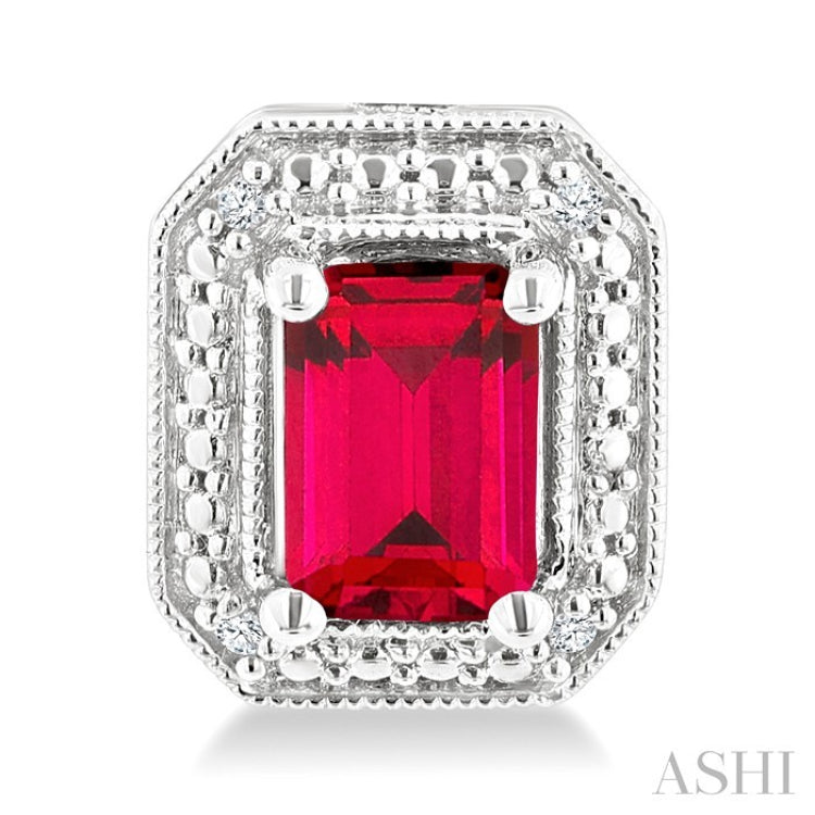 6X4 MM Octagon Shape Lab-Created Ruby and 1/50 Ctw Round Cut Diamond Precious Earrings in Sterling Silver