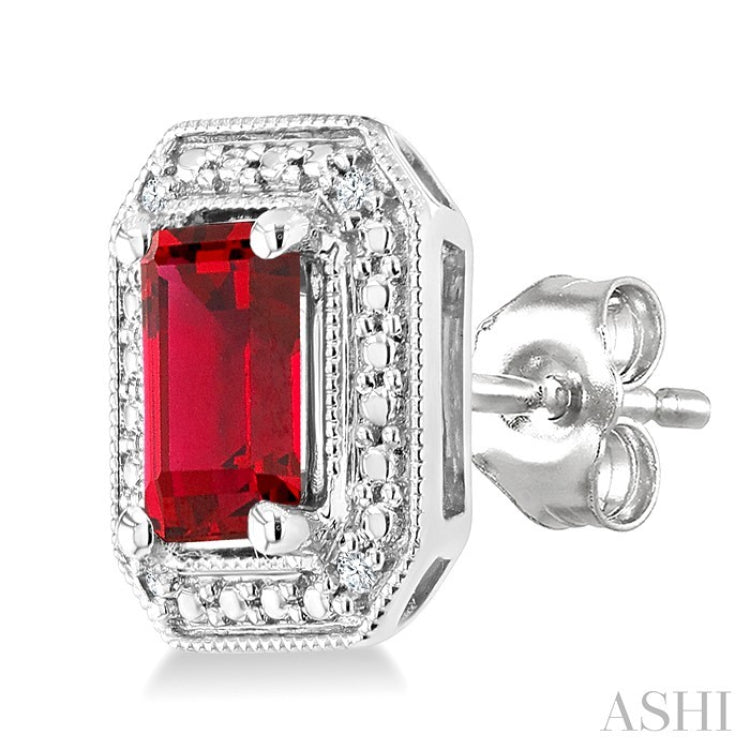6X4 MM Octagon Shape Lab-Created Ruby and 1/50 Ctw Round Cut Diamond Precious Earrings in Sterling Silver
