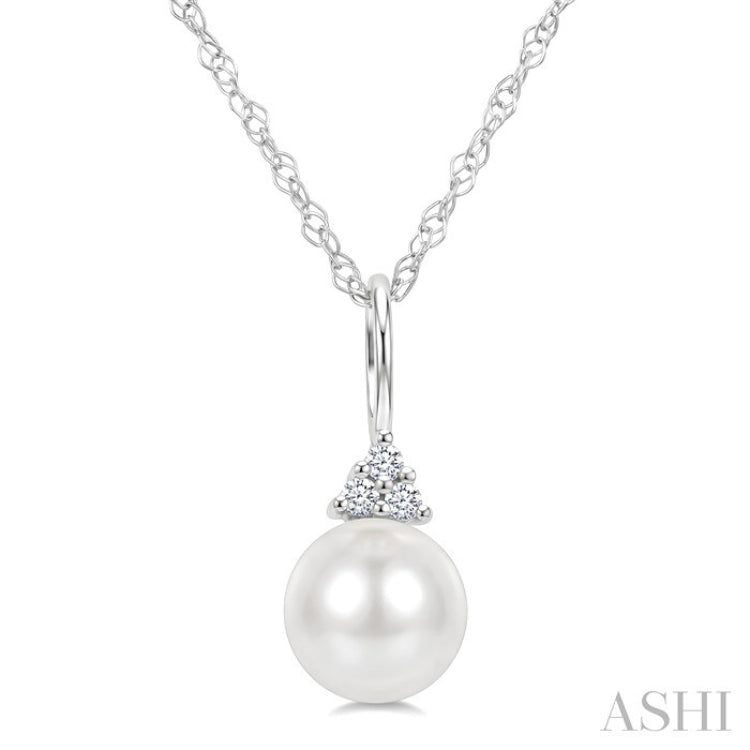 6 MM Cultured White Pearl and 1/50 Ctw Round Cut Diamond Fashion Pendant With Chain in 10K White Gold
