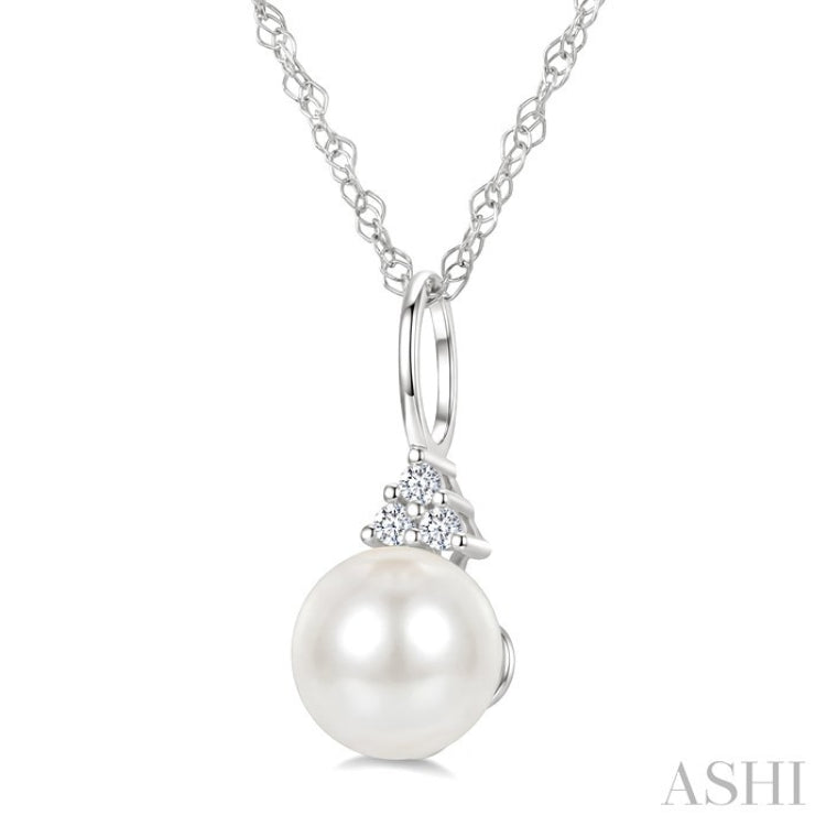 6 MM Cultured White Pearl and 1/50 Ctw Round Cut Diamond Fashion Pendant With Chain in 10K White Gold