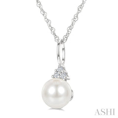 6 MM Cultured White Pearl and 1/50 Ctw Round Cut Diamond Fashion Pendant With Chain in 10K White Gold