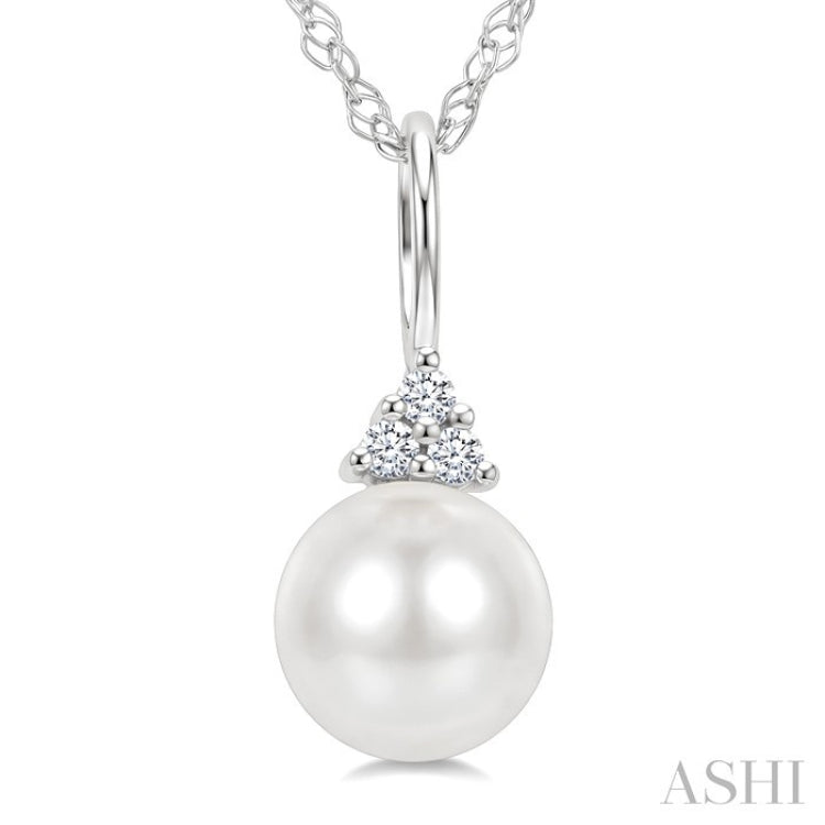 6 MM Cultured White Pearl and 1/50 Ctw Round Cut Diamond Fashion Pendant With Chain in 10K White Gold