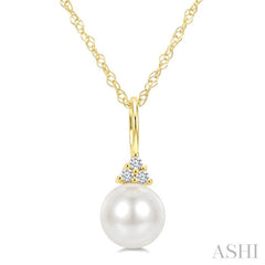6 MM Cultured White Pearl and 1/50 Ctw Round Cut Diamond Fashion Pendant With Chain in 10K Yellow Gold