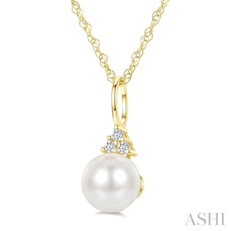 6 MM Cultured White Pearl and 1/50 Ctw Round Cut Diamond Fashion Pendant With Chain in 10K Yellow Gold