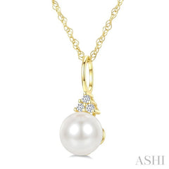 6 MM Cultured White Pearl and 1/50 Ctw Round Cut Diamond Fashion Pendant With Chain in 10K Yellow Gold