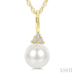 6 MM Cultured White Pearl and 1/50 Ctw Round Cut Diamond Fashion Pendant With Chain in 10K Yellow Gold