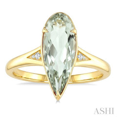 16X6 MM Evoque Gemstone Pear Shape Green Amethyst and 1/50 Ctw Round Cut Diamond Semi-Precious Ring in 10K Yellow Gold